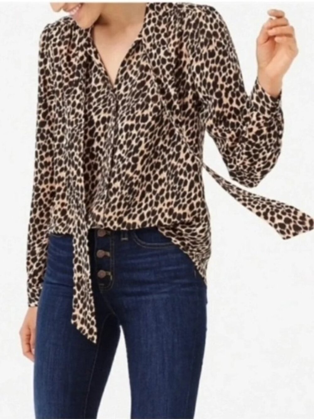 J.Crew Tie-Neck Button-up Leopard Animal Print Long Sleeve Blouse Shirt Top XL